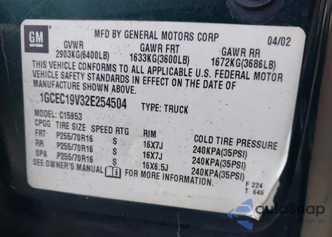 2002 Chevrolet Silverado 1500 Ls z USA, uszkodzony, nr VIN 1GCEC19V32E254504